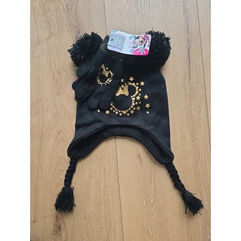 Disney Minnie Mouse Girls Black & Gold Winter Hat and Gloves Set (NWT)